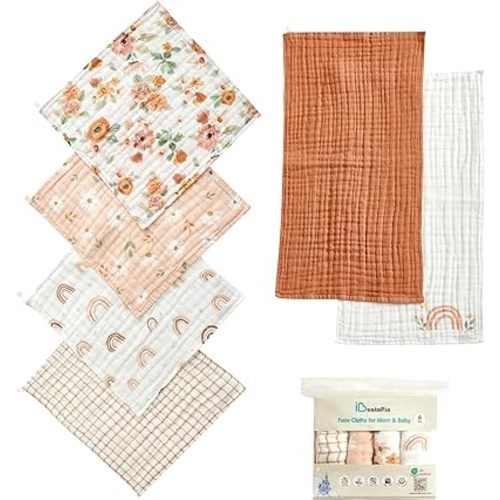 6-Pack Baby Washcloths & Long Towels, 100% Cotton Muslin Face Towels for Baby & Mom, Ultra-Soft Newborn Essentials with Gift Box, for Boys & Girls (Sunshine Rainbow Floral Series)