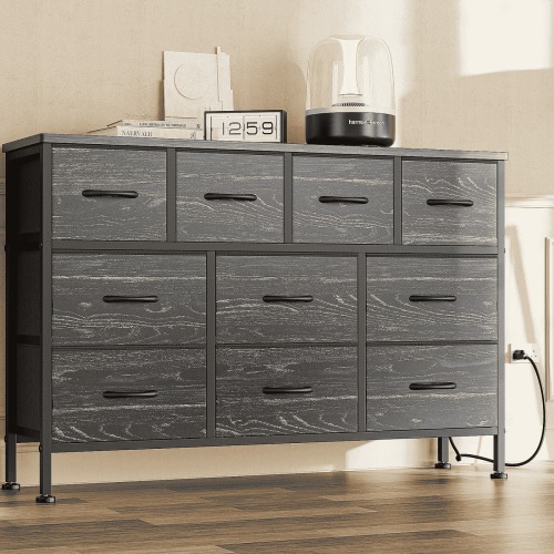 GIKPAL Dresser TV Stand, 10 Drawer Dressers for Bedroom with Power Outlet, Chest of Drawers for 55" Long TV, Fabric Dresser for Storage and Organization, Black