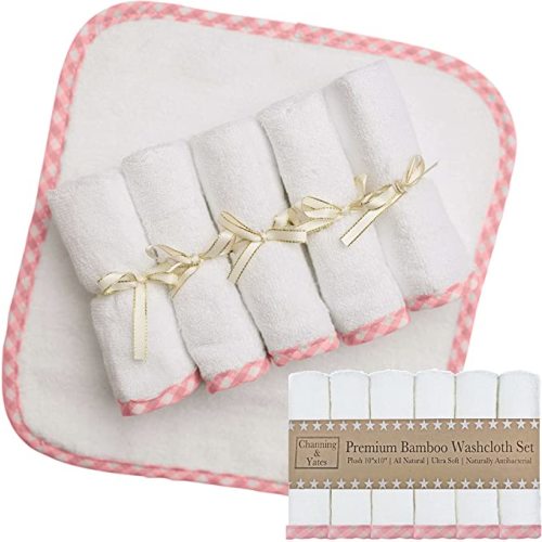 Channing & Yates Premium Boutique Baby Washcloths - (6-Pack) Organic Plush Washcloths 2X Thick & Soft - Helps Eczema - Adult Face Washcloths - (Pink on White)