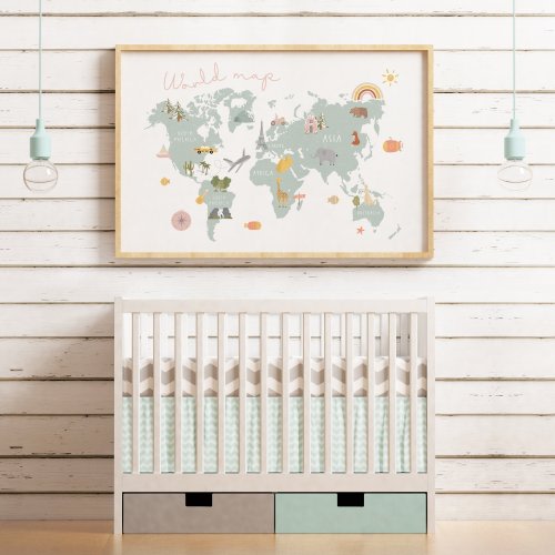 Nursery World Map Wall Art Kids World Map World Map Print Illustrated World Map Nursery Decor Playroom Print Educational Map for Nursery