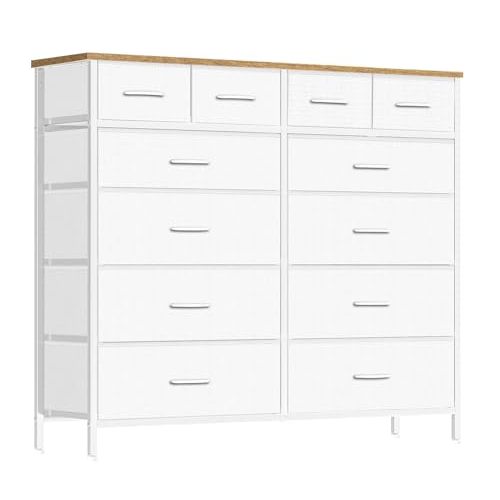 VASICAR Compact 12 Drawers Dresser for Bedroom, Fabric Storage Tower, Chest of Drawers with Retro Wood Top for Closet, Nursery, Living Room