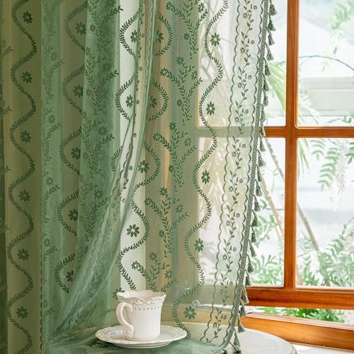 Boho Lace Curtains 2 Panels 84 Inches -Vintage Victorian Sheer Panel Drape French Country Floral Pattern & Tassel Light Filtering Privacy for Bedroom Dining Living Room,Dark Sage Green,W52x L84