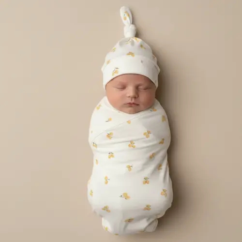 Organic Swaddle Blanket & Hat Set  - Lemons