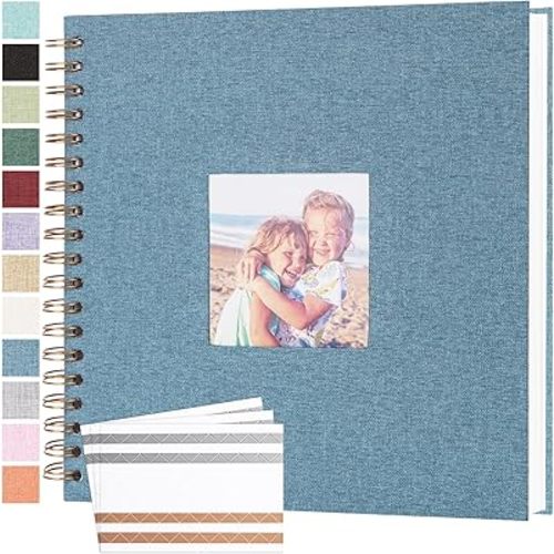 Scrapbook Photo Album 10x10 Inches 80 Pages Hardcover Kraft Paper Linen Cover Scrap Book Memory Book DIY Scrapbook Albums for Wedding Baby Boyfriend Travel Anniversary Family, Blue