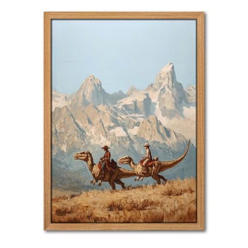 Framed Vintage Dinosaur Cowboy Wall Art, Wilderness Ranch Spooky Cowboy Riding Dinosaur Picture Wall Decor Paintings, Western Jurassic Canvas Prints Living Room Farmhouse Bedroom Home Decor-12x16inch