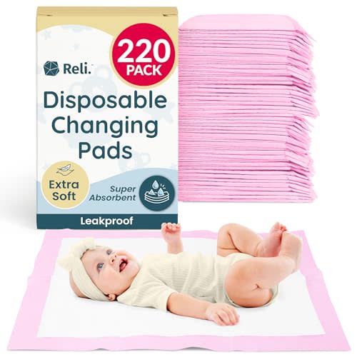 Reli. Disposable Changing Pads for Baby | 220 Pack (13"x18") | Pink Disposable Diaper Changing Pads | Super Absorbent, Leak-Proof Liners | Waterproof (Pink/White)