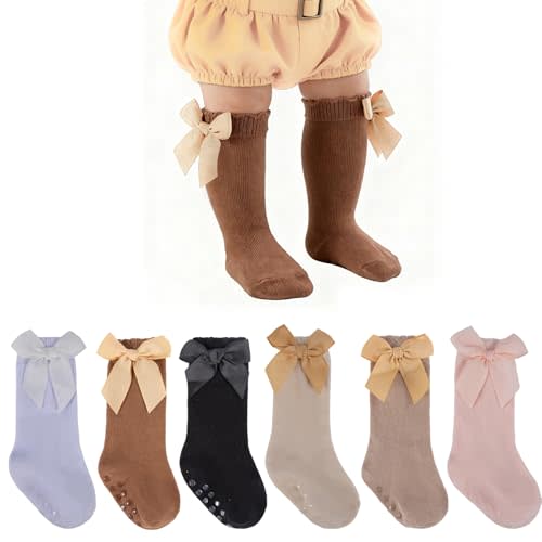 Baby Knee High Socks 6 Pairs Toddler Infant Newborn Non Slip Cotton Bow Ruffle Dress Socks for Baby Girls 0-3T