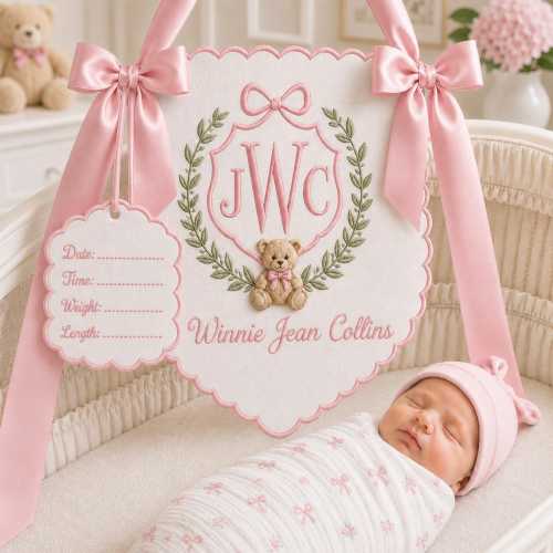Personalized Baby Birth Announcement Embroidered Banner, Custom Newborn Name Nursery Hanging Sign, Monogram Baby Keepsake, Baby Shower Gift