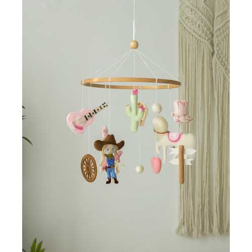 Vintage Western nursery mobile, hanging cowgirl mobile, toddler girl decor, horse mobile, pink cot mobile, new mom gift, baby shower gift.
