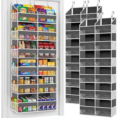 2 Pack Over The Door Organizer 6 Tiers, Extra Large Behind Door Storage of 12 Compartments, 80 lbs Weight Capacity Hanging Storage Organizer with Clear Window Kids Toys,Shoes (6 Tiers - Grey)