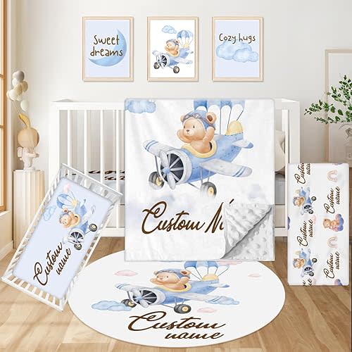 Personalized Baby Bedding Set, 5 Pcs Custom Baby Crib Sets with Name, Blue Bear Pilot Toddler Bedding Set for Baby Girls Boys, Double Layer Nursery Bundle​​, Customized Gifts for Infants Kids