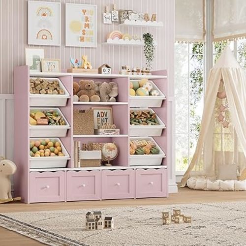 HITHOS 55" W Kids Toy Storage Organizer with 10 Toy Box & Book Shelf, Pink