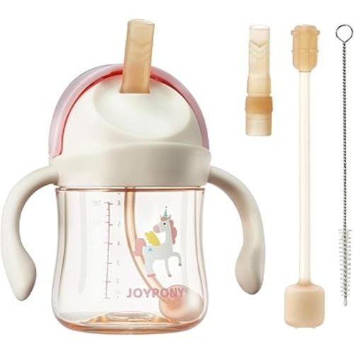Joypony Baby Sippy Cups 6-12 Months, Spill Proof Weighted Straw Cup with Handle for Toddlers 1-3, 2 Silicone Straws, PPSU, BPA Free, 6 oz (Pink)