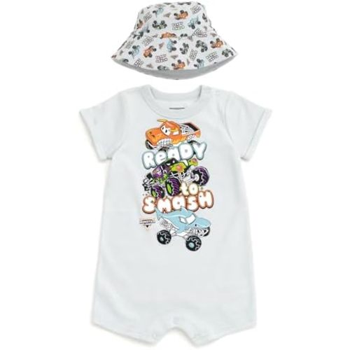 Monster Jam Romper and Bucket Sun Hat Outfit Set Newborn to Toddler Grave Digger El Toro Loco Megalodon