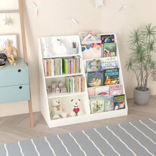 Wood Kids Bookshelf Toddler Toy Storage Organizer Bookcase Display Stand for Kids Room, Playroom, Nursery, White - ModernLuxe