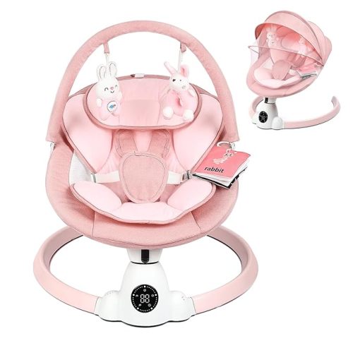 Baby Swing for Infants, Portable Electric Baby Swings with Bluetooth, 5 Swing Speed, 10 Lullabies, 5-Point Harness, Remote Control & Touch Panel - Infant Swing for Indoor & Outdoor Use, Pink