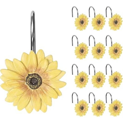 Sunlit Yellow Sunflower Shower Curtain Hooks, Home Decorative Shower Curtain Rings for Bathroom, Resin, Summer Floral Shower Curtain Hanger Hooks for Living Room, Set of 12