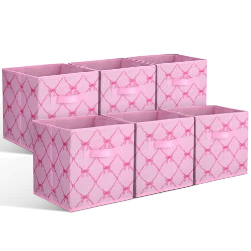 Geelin 6 Pcs Pink Bow Cube Storage Bins 11 Inch Storage Basket with Handle, Preppy Girls Organizer Basket, Collapsible Fabric Box for Classroom Bedrooms Office Home Decoration Gift