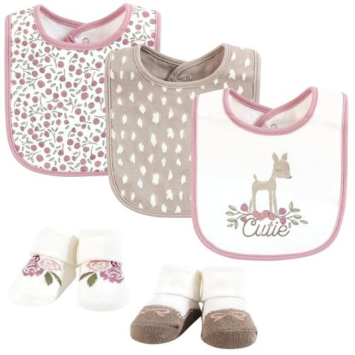 Hudson Baby Infant Girl Cotton Bib and Sock Set, Fawn Cutie, One Size