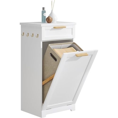 VECELO Tilt Out Laundry Hamper, 35" Bathroom Cabinet with Hidden Removable Basket, 1 Drawer and 4 Side Hooks for Storage, White