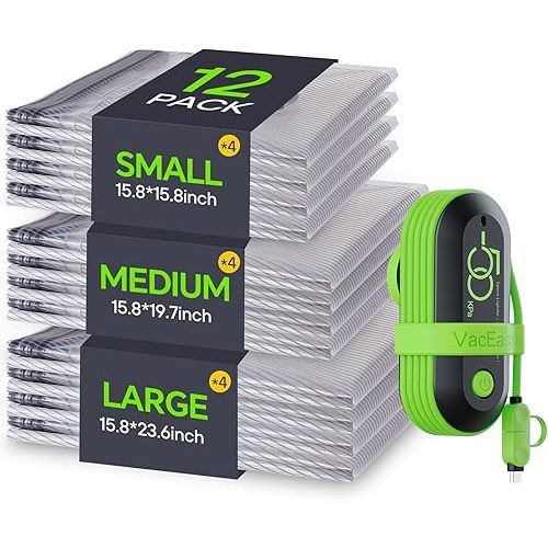 Vacuum Bags for Travel with USB Pump, 12 Pack Carry-on Size Compression Packing for Luggage and Suitcase, Space Saver Bags for Clothes and Clothing Travel