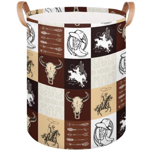 Western Vintage Cowboy Kids Laundry Basket, Cow Skull Nursery Laundry Hamper Foldable Storage Bin Toy Basket Dirty Clothes Storage Basket with Handles Organizer for Bedroom Bathroom