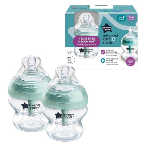 Tommee Tippee Advanced Anti-Colic 5 oz BPA Free Baby Bottles, Newborn 0+ Months, Slow Flow Breast-Like Nipple, Unique Design Keeps Air Away from Milk and Baby, Clear, Pack of 2 | Pack of 2, Slow Flow Breast-Like Nipple, Unique Design Keeps Air Away fro...
