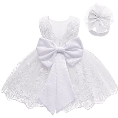 LZH Baby Girls Ruffle Lace Backless with Headwear,Bowknot Flower Dresses Pageant Party Wedding Baby Girl Christmas Dress