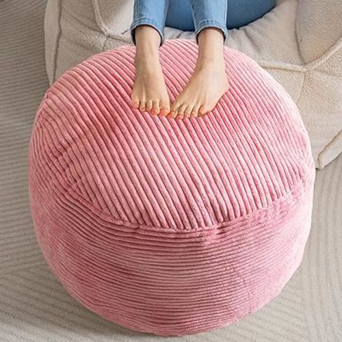 HIGOGOGO Round Stuffed Pouf Ottoman, Corduroy Poufs with Foam Chunk Filling, Furry and Fluffy Pouf Foot Stool Storage Ottoman, 26 X 18 Floor Poufs Foot Rest for Living Room, Pink