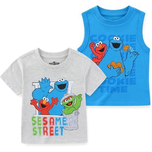 Sesame Street Baby Boys 2 Pack Short Sleeve T-Shirt and Tank Top for Infant to Toddler