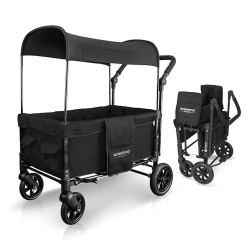 WONDERFOLD W1 Original Stroller Wagon (2 Seater) - Wagon Stroller with Seats with 5-Point Harnesses, Adjustable Push Handle, and Sun Canopy, Jet Black