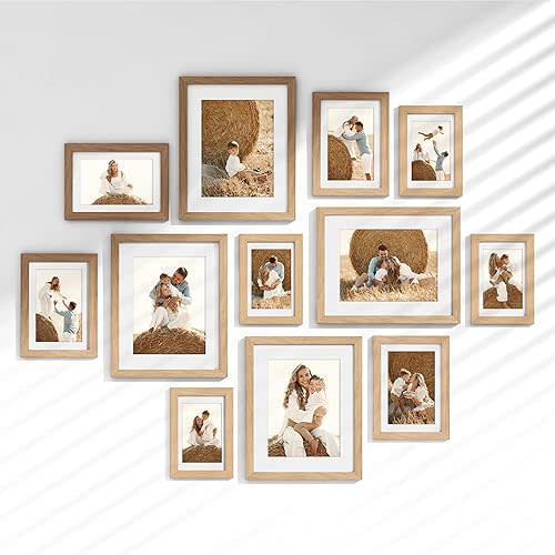 12 Pack Picture Frames Collage Wall Decor, Gallery Frame Set for Wall Mounting or Tabletop Display, Multi Sizes Including 4pcs 8x10, 4pcs 5x7, 4pcs 4x6, Oak