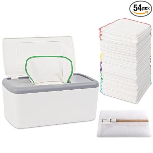 54 Packs Flannel Cloth Baby Wipes with Dispenser, Reusable Natural Skin-Friendly Baby Wipes, Body Face Hand Washcloth Essential for Cloth Diapers 8x8 inch