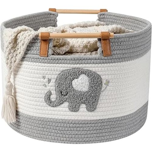 Large Blanket Basket 35L Cotton Rope Basket with Wooden Handles Woven Baskets for Kids Stuffed Animal Toys Storage for Nursery, Laundry Hamper Clothes Baby Hamper Boys Gift Basket Empty, (Elephant )