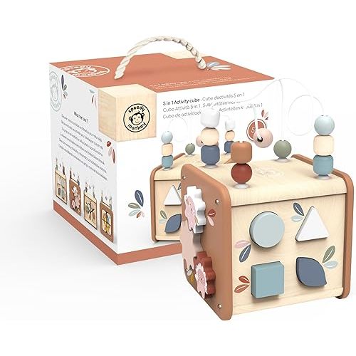 Speedy Monkey 5-in-1 Activity Cube, Educational Wooden Toy with Bead Maze, Shape Sorter, Gears, Puzzle & More, Develops Social, Communication & Numeracy Skills, Non-Toxic Paint, Ideal for Kids
