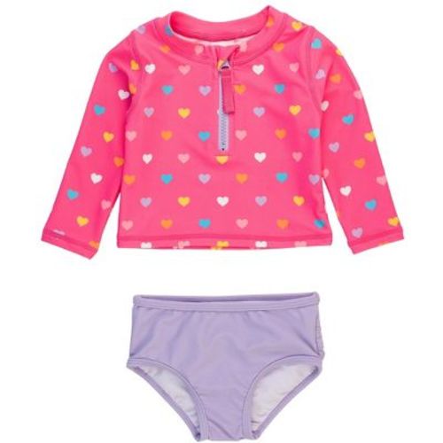 RuffleButts Baby/Toddler Girls UPF50+ Long Sleeve Zipper Rash Guard 2-Piece - Colorful Hearts, 3-6m