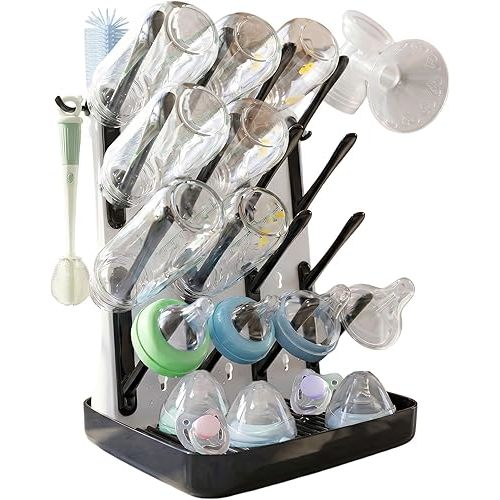 Baby Bottle Drying Rack, Vertical Space Saving Bottle Dryer for Countertop, Holds 12 Bottles, BPA Free Baby Bottle Organizer with Removable Drip Tray for Pacifiers, Pump Parts & Accessories