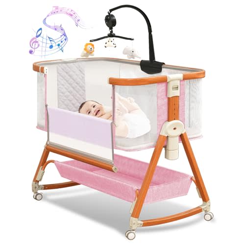 3 in 1 Bassinet,Baby Bassinets Bedside Sleeper with Musical Toy,Adjustable Height Bedside Bassinet for Baby with Wheels and Storage Basket,4-Sided Mesh Bedside Crib for Newborn 0-6 Months (Pink)