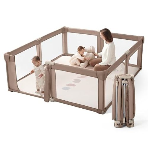 Baby Playpen Portable, Pre-Assembled Play Pen 71x79 Large Foldable Playpen for Babies and Toddlers, Sturdy and Safe Toddler Play Yard Indoor Outdoor with Carry Bag, Dark Khaki
