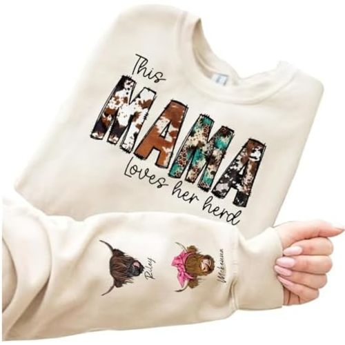 Personalized Mama Shirt, This Mama Wears her herds on her Sleeve, Custom Kid Name, Highland Cows, Mothers Day, Birthday