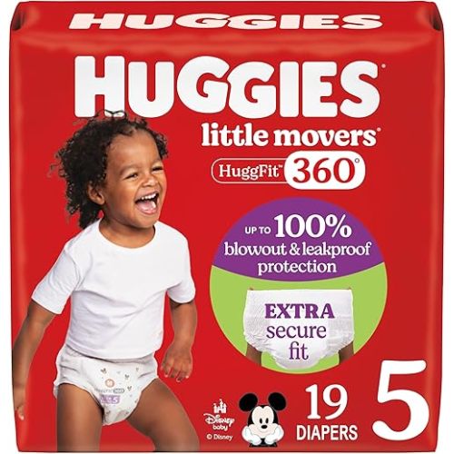 Huggies Size 5 Baby Diapers, Little Movers HuggFit 360° Baby Diapers with 360° Waistband, Size 5 (27+ lbs), 19 Count, Packaging May Vary