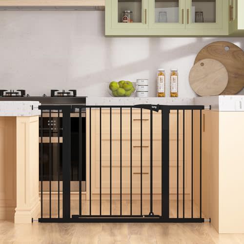 keny 29.7"-46" Baby Gate for Stairs, Auto Close Dog Gates for Doorways | Pressured Mounted No Drilling Pet Gate Extra Wide, One-Hand Opening Dual Lock Stair Gate, Indoor Kids Necessities, Black