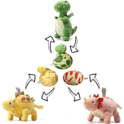 TUMAMA Stuffed Toys,Hanging Reversible Dinosaur & Egg Plushies Set for Easter Decoration Baby Gym Carseat Crib,Soft Plush Animal Toy for Kids Toddlers Boys Girls,3PCS