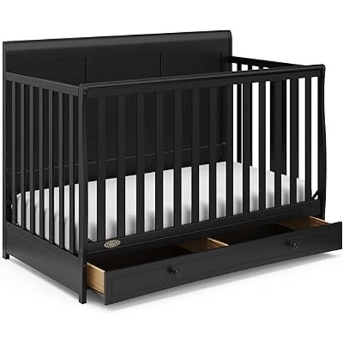 Graco Asheville 5-in-1 Convertible Crib with Drawer – GREENGUARD Gold Certified, Crib with Drawer Combo, Full-Size Nursery Storage Drawer, Converts to Toddler Bed, Daybed and Full-Size Bed (Black)