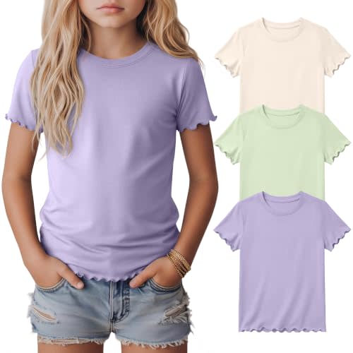 3 Pack Girls Short Sleeve T Shirts Crew Neck Shirts Lettuce Trim Tops 5-14 Years Casual Basic Tees