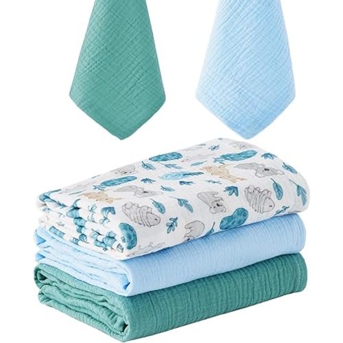 5 Pack Muslin Swaddle Blankets & Baby Burp Cloths, Soft & Breathable Cotton Baby Blankets, Receiving Blankets for Newborn Boy, Nursery Infant Essentials, Swaddling Wrap for Unisex (Blue & Teal)