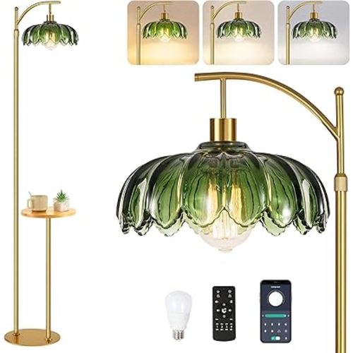 Gold Floor Lamp with Table and Shelves for Living Room Bedroom,Glass Standing Lamp with Remote Dimmable,Boho Brass Tall Lamp Vintage Farmhouse Arc Flower Floor Light Bohemian