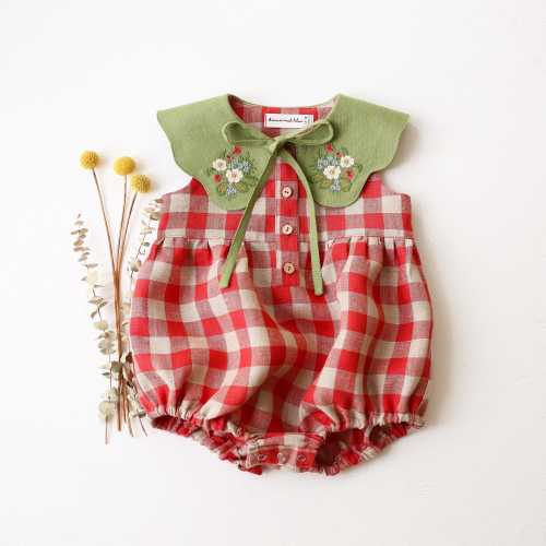 Baby Bubble Romper in Cherry Check Linen with Embroidered Petal Collar "Strawberry Bouquet" in Meadow Green Linen, Newborn Toddler Outfit