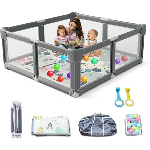 Foldable Baby Playpen with Mat Large 71"x59" Easy Installation, Collapsible Play Yard for Babies & Toddlers, Breathable Mesh, Anti-Fall Stable Design Baby Fence, Indoor Outdoor Playard, Durable Fabric
