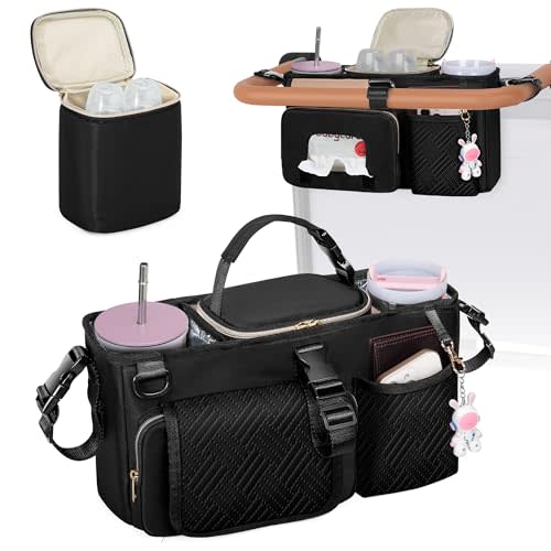 Parent Console Stroller Organizer, Wagon Stroller Caddy Organizer | Stroller Caddy Compatible with WONDERFOLD W2&W4&X, 2 Insulated Cup Holders, Removable Cooler Bag, Parent Travel Essential